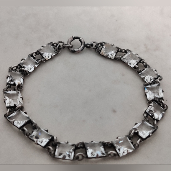 Antique True Art Deco Square Cut Crystal Bracelet Sterling Silver - Picture 2 of 15